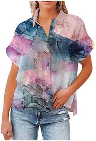 Fragarn Womens Tops חולצת פולו קצרה של שרוול מזדמן לבוש, כפתור הדפס מפוספס, מחשוף רופף מתאים לחולצה
