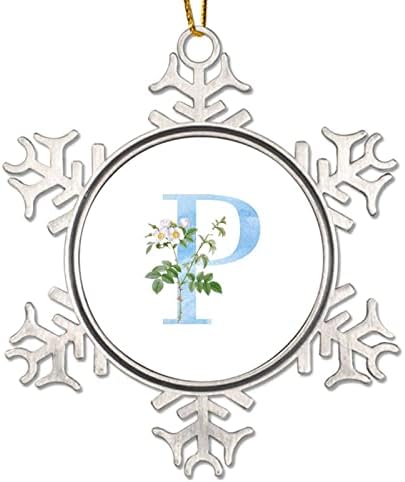 מונוגרמה בהתאמה אישית כחולה אות ראשונית מכתב P קישוטי חג המולד דייזי חיננית פרחונית בצבע מים כחול