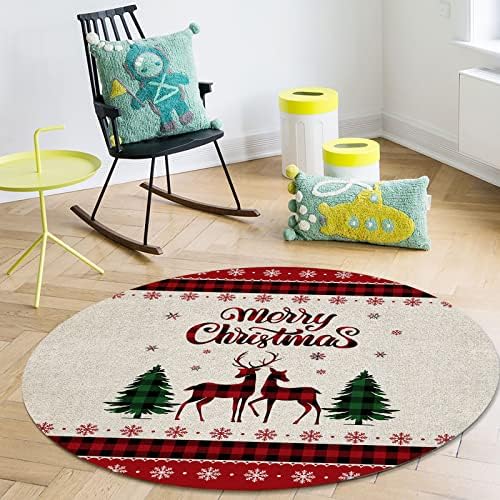 שטיח אזור עגול גדול לחדר שינה בסלון, שטיחים ללא החלקה בגודל 3.3ft לחדר ילדים, חג מולד שמח ועץ חג המולד