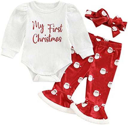 תינוקת תלבושות חג המולד הראשון שלי מכתב שרוול ארוך צמרות רומפר+מכנסיים תחתון פעמון+סרגל 3 PCS סט בגדים