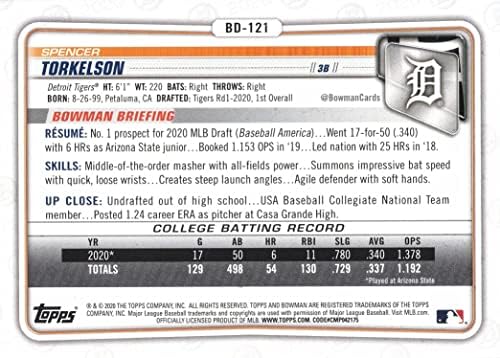 2020 דראפט בייסבול בייסבול BD-121 SPENCER TORKELSON כרטיס טרום-רוקי-כרטיס Bowman הראשון