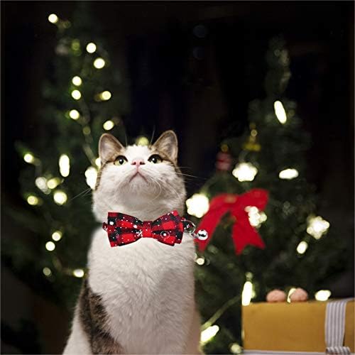 מאליאר חג המולד חתול צווארון עם פתית שלג דפוס קשת עניבת זעיר פעמון, מקסים צווארון עם אור מתכוונן אבזם אביזרים לחיות
