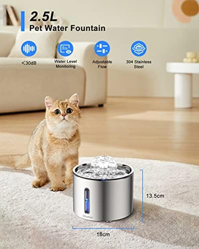 מזרקת מים לחתולים דירופט נירוסטה, מזרקת מים אוטומטית לחיות מחמד 84 עוז/2.5 ליטר לחתולים בפנים, עם 1 פילטרים חלופיים