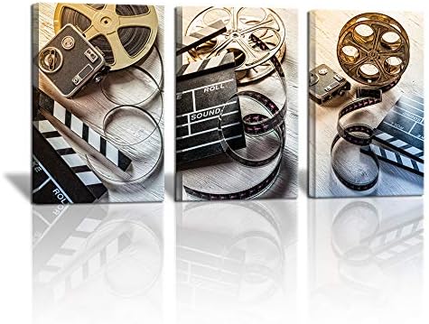 3 חתיכה סרט ומצלמה בד קיר תפאורה יצירת סרטים קונספט סצנה קלאפר תמונה מודרני בית אמנות בית קולנוע מדיה חדר