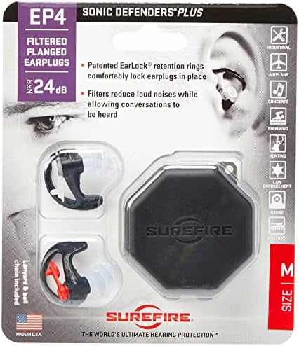 Surefire EP4 מגנים סוניק פלוס אטמי אוזניים מסוננים, עיצוב משולש אוגן, לשימוש חוזר, שחור, קטן