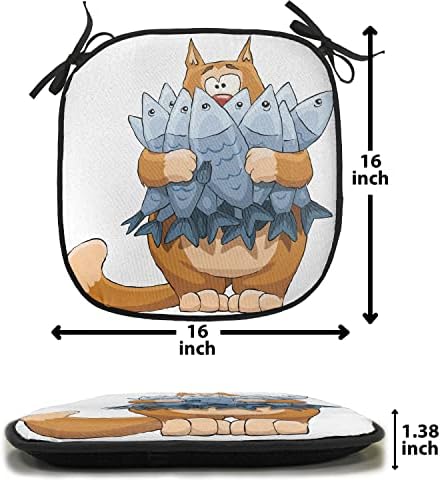 רפידות כרית כסא לחתול לונדיון סט של 2, חתול שמן מחזיק חבורה של דגים מתים רעבים רעבים אך לא מספיק הדפס
