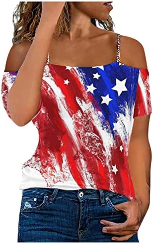 Pimoxv נשים 4 ביולי צמרות כתפיים קרה, חולצת טריקו דגל אמריקאית מודפס