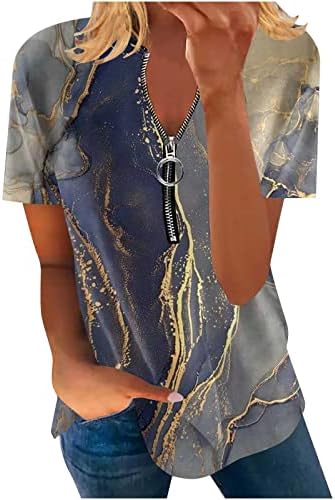 נשות קיץ רוכסן נגד חולצות צוואר רופפות בכושר שרוול קצר צמרות גיאומטריה מדפיס חולצות חולצות קז'ון