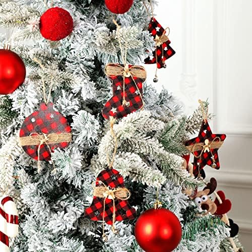 12 חתיכות קישוטים אדומים ושחורים חג המולד קישוט משובץ באפלו עם חבל עם קישוטי עץ עץ חג המולד לקישוט עץ חג
