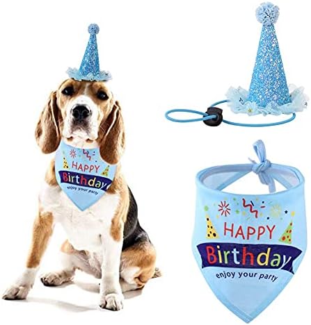 חמוד כלב יום הולדת בנדנה צעיף וכלבלב הניצוץ מסיבת יום הולדת כובע עם רצועת סנטר מתכווננת, כחול