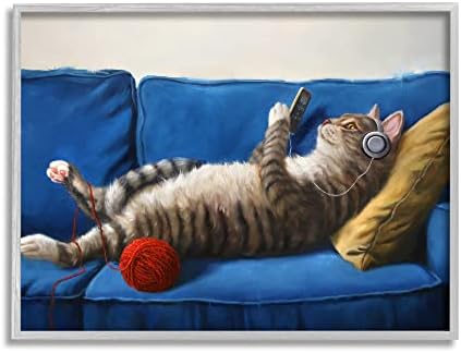 תעשיות סטופל ספה חתול מרגיעה חוט אדום חוט מחמד דיוקן אפור קיר ממוסגר, 20X16, כחול