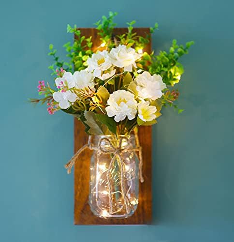 עיצוב בית כפרי מייסון צנצנת קיר פמוטים, פמוטים דקורטיביים בקיר, אורות פיות ופרחים של טיימר LED, עיצוב מוצרי