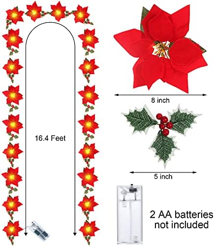 13 רגל 1 חתיכה מוארת Poinsettia זר חג מולד עם ארום מלא מלאכותי הולי עלה חג המולד מואר לפני קטיפה פוינסטיה