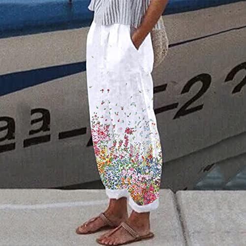 נשים פשתן כותנה קפריס מותניים אלסטיות מכנסיים קפרי קיץ מכנסיים רופפים מכנסי מטען חוף מכנסי טיול מכנסיים