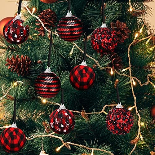 16 יח 'קישוטי כדור חג המולד לקישוטי עץ לחג המולד תליית חג מולד אדום שחור באפלו משובץ קישוט משובץ קישוט נצנץ בד