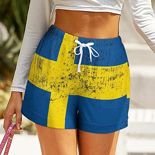 גראנג ' דגל של שוודיה נשים של מכנסיים קצרים גבוהה מותן הדפסה מזדמן קצר מכנסיים חוף מכנסי ריצה עם כיסים