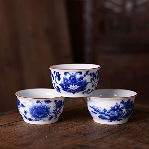 Woonsoon סיני בעבודת יד כוס תה קונגפו 60 מל, עצם סין כוסות תה כחול לבן סט של 3, ספלי תה קרמיקה