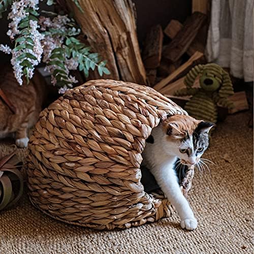 בית חתול אריג קש יקינתון מים טבעי בומלטו, סל מיטת חתול בעבודת יד עם כרית 15.7 על 10.6 אינץ