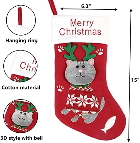 אפבודי 2 חבילה גרב חג מולד גדול, חתול תלת מימד 15 עם קישוטי אח של שרוול חג המולד של פעמון לעיצוב