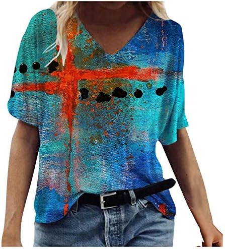 קיץ חולצות לנשים 3 צבע אמנותי צוואר גדול טי חולצות מתגנדר חמוד טוניקה חולצות קצר שרוול חולצה
