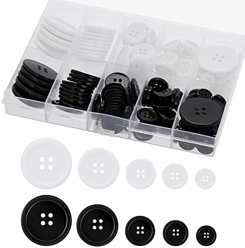 כפתורי תפירה של שרף 160 יחידים 5 גדלים של כפתורים מעורבים שחורים לבנים עגולים עגולים כפתורי מלאכה