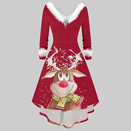 חמוד איילים גרפי חג המולד שמלת נשים ארוך שרוול פרוותי צוואר ערב המפלגה שמלה גבוהה נמוך קוקטייל חג