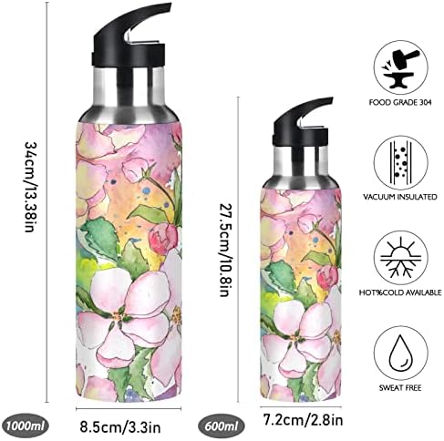 בצבעי מים פרח פרח פרחים בקבוק מים פרחוני עם מכסה קש ואקום מבודד נירוסטה בקבוק מים בקבוק מים 32oz