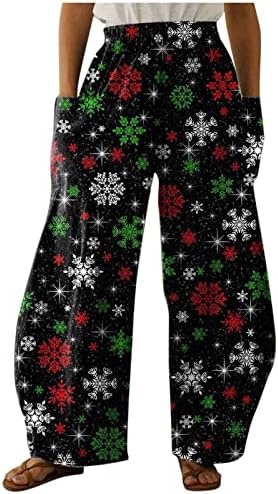 Dsodan חג המולד נשים מכנסי רגל רחבה חג המולד גרפי מודפס מותניים גבוהים מכנסי יוגה רופפים מכנסיים מזדמנים עם כיסים