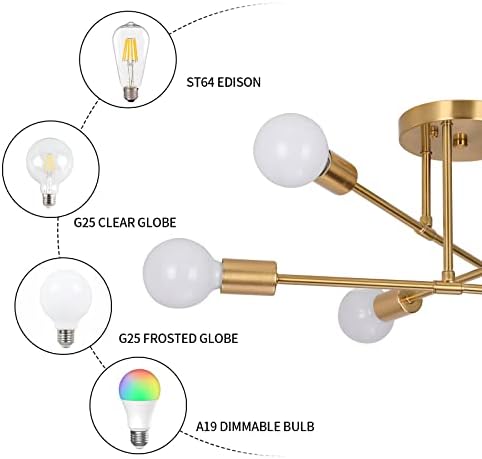 Bomluzo Gold Sputnik נברשת 6 אורות אור תקרה מודרני, מתקן תאורת תקרה סומק רכוב לחדר שינה ולסלון זהב