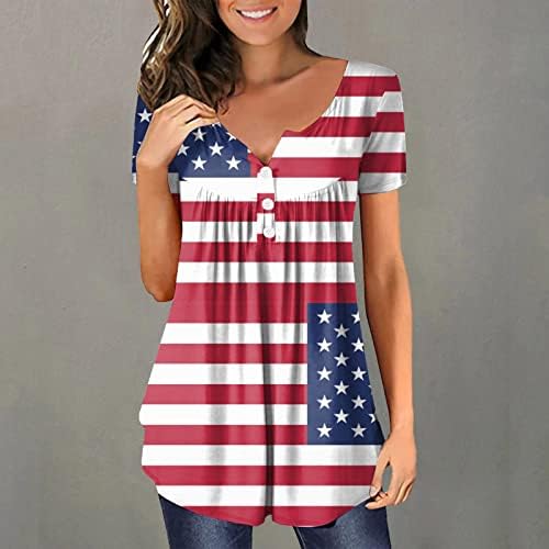 4 ביולי טוניקות לנשים דגל אמריקאי להסתיר בטן שומן חולצות חולצות קיץ מקרית קצר שרוול כפתור עד צוואר