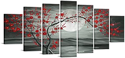 iknow foto 7 רב -פאנל קיר קיר אמנות קיר אדום שזיף עץ פורח עם ירח מלא ציור ציור אמנות פרח פריחת