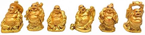 Japanbargain 4500, סט של 6 פסלי בודהה צוחק בודהה ברי מזל בודהה שמח בודהה מאושר דמויות פנגשוי קישוט, צבע זהב