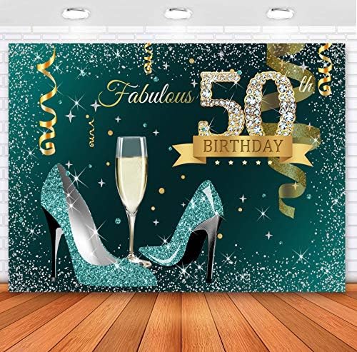 סנספון טורקיז זהב שמח יום הולדת 50 רקע נצנצים כסף נקודות עקבים גבוהים שמפניה זכוכית צילום רקע לנשים נהדר
