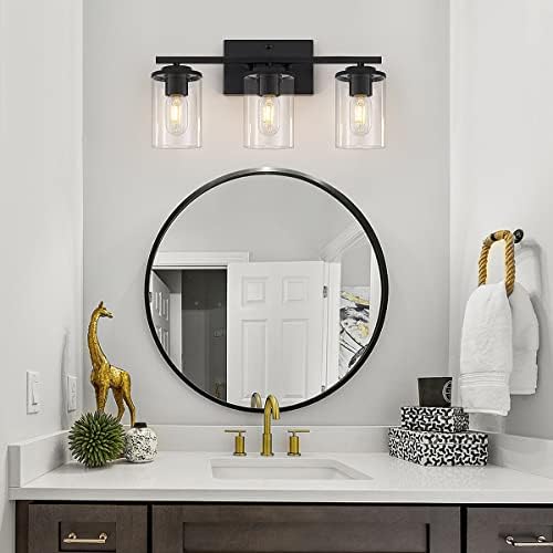 שחור אמבטיה אור קבועה, 3-אור יהירות אמבטיה אור עם ברור זכוכית צל, מודרני יהירות תאורת פמוט קיר אמבטיה