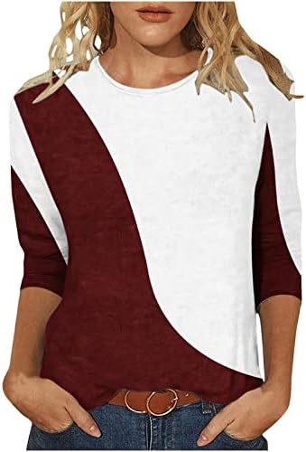 נשים 2023 אופנה גיאומטרית צבע בלוק חולצה אביב מזדמן 3/4 שרוול טוניקת חולצות צוות צוואר חולצה בכושר