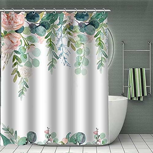 וילון מקלחת פרחוני פורח מהומה עם 12 ווים פרחים ורודים עלים ירוקים וילון מקלחת סט לחדר אמבטיה, סט וילון