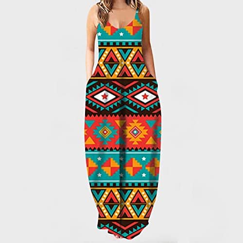 שמלות מקסי של קיץ לנשים מערבית שמלה אצטקית אצטקית גיאומטרית שמלה ללא שרוולים V צוואר טרנדי שמלה