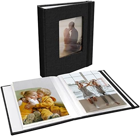 אלבום תמונות קטן 4x6 תמונות פשתן עם פס אלסטי וחלון קדמי DIY, חבילה של 2-26 עמודים, 52 תמונות, פוזיטר מיני ספר