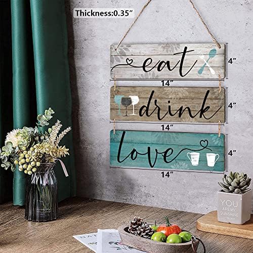 עיצוב קיר מטבח תלייה כפרית לאכול שתייה אהבה שלט עץ 3 חתיכות למטבח ביתי בחדר אוכל בסלון בר קפה קפה, 14X4 אינץ
