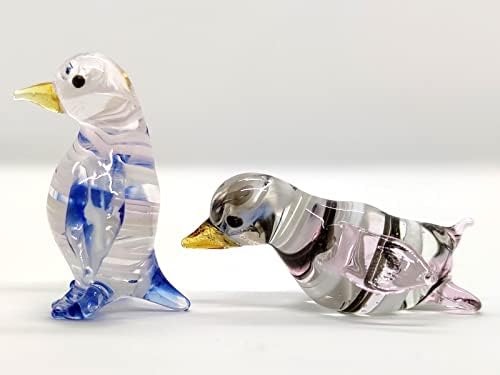 Sansukjai 2 פינגווינים צלמיות מיניאטוריות בעלי חיים בעלי חיים מפוצצים ביד זכוכית אמנות מתנה אספנית קישוט,