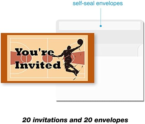 סט של 20 הזמנות למסיבת יום הולדת לכרטיסי כדורסל עם מעטפות עם מעטפות כדורסל ספורט מכדורגל של מסיבת