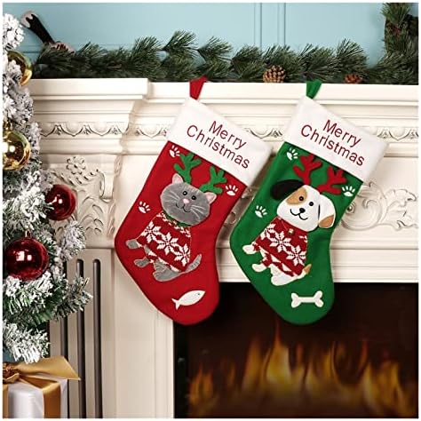 גרבי גרביים לגרבי חג המולד, דפוס חתול וכלב גרבי חג המולד, קישוט עץ חג המולד, תלייה דקורטיבית, תיקים לילדים