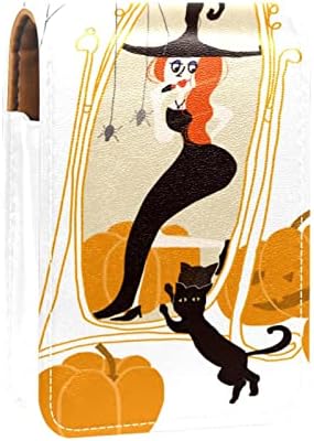 שפתון מקרה עם מראה חמוד נייד איפור תיק קוסמטי פאוץ, מכשפה ליל כל הקדושים שחור חתול דלעת קריקטורה