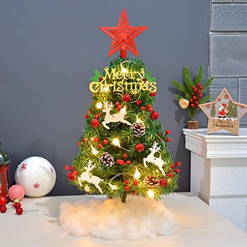 עץ חג המולד של שולחן השולחן, אורן עץ חג מולד מלא מלאכותי מואר.
