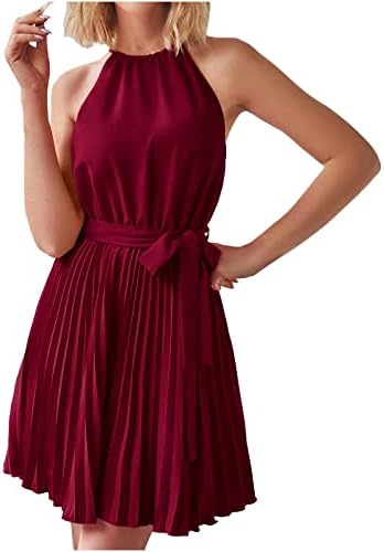 שמלת קיץ לנשים 2023 צוואר הלטר מזדמן שמלת ליין שמלת שרוולים ללא שרוולים נדנדה קפלים קופטייל שמלת