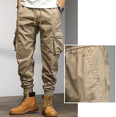 מכנסי מטען גברים אלסטיים מותניים אלסטיים אופנה רופפת כיס כותנה תחרה מעלה מכנסי מותניים אלסטיים סרבל