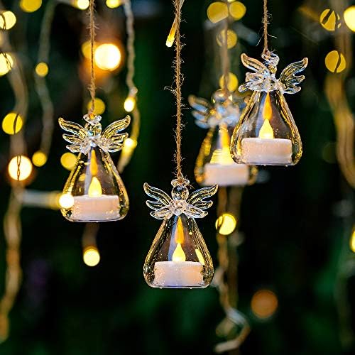 חבילה של 12 מחזיקי נרות זכוכית תלויים אנג'ל אנג'ל עם נרות LED Tealight Pandle בתוך קישוט הצבעה למסעדת חתונה