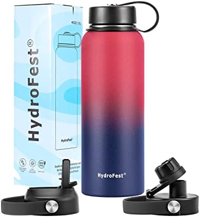 בקבוק מים Hydrofest עם קש, בקבוק מים תרמוס 40 גרם, פה רחב כפול ואקום בקבוק מים נירוסטה עם מכסה קש, מכסה