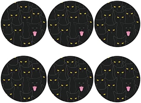 חתולים שחורים חמודים תחתיות למשקאות סט של 6, רכבת עור PU סופגת למשקאות קרים ספלי יין וכוסות הגנה על שולחן