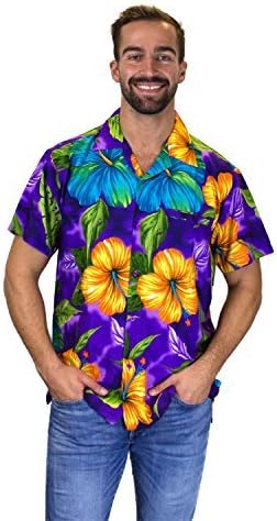 V.H.O. חולצה הוואי פאנקית גברים עם שרוולים קצרים עם שרוול קדמי פרח גדול צבעים מרובים